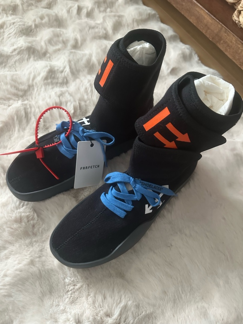 Off-White Black High-Top Sneakers with Orange Logo & Blue Laces